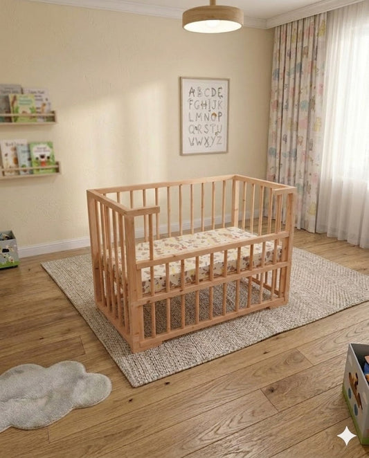Wooden Drop Side Baby Cot – Safe Infant Crib with Smooth Side Opening (2ft x 4ft)