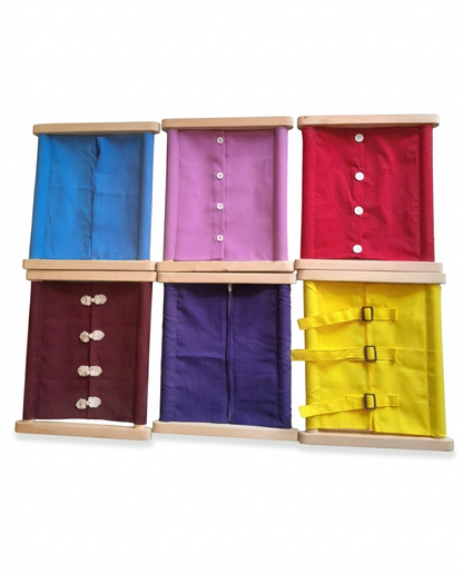 6-in-1 Montessori dressing frames set for kids with wooden frames and fabric panels including zipper, button, lacing, buckle, velcro, and eye hook for ECD practical life learning and fine motor skills development