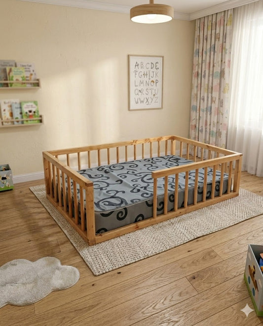 Safe & Cozy Toddler Floor Bed 3x6ft – Wooden Kids Bed with Raised Rails