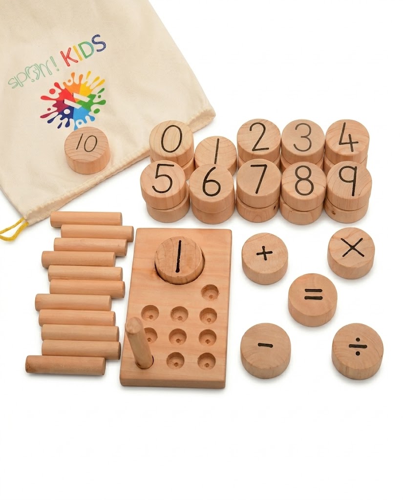 Wooden Math Set for Kids 3 yrs +  - Hands-On Counting, Number Recognition & Early Math Learning Toy