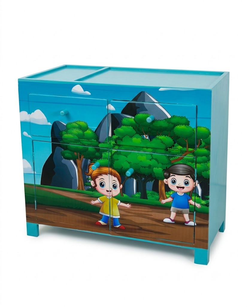 Baby changing table with drawers and shelves for daycare use in Kenya
