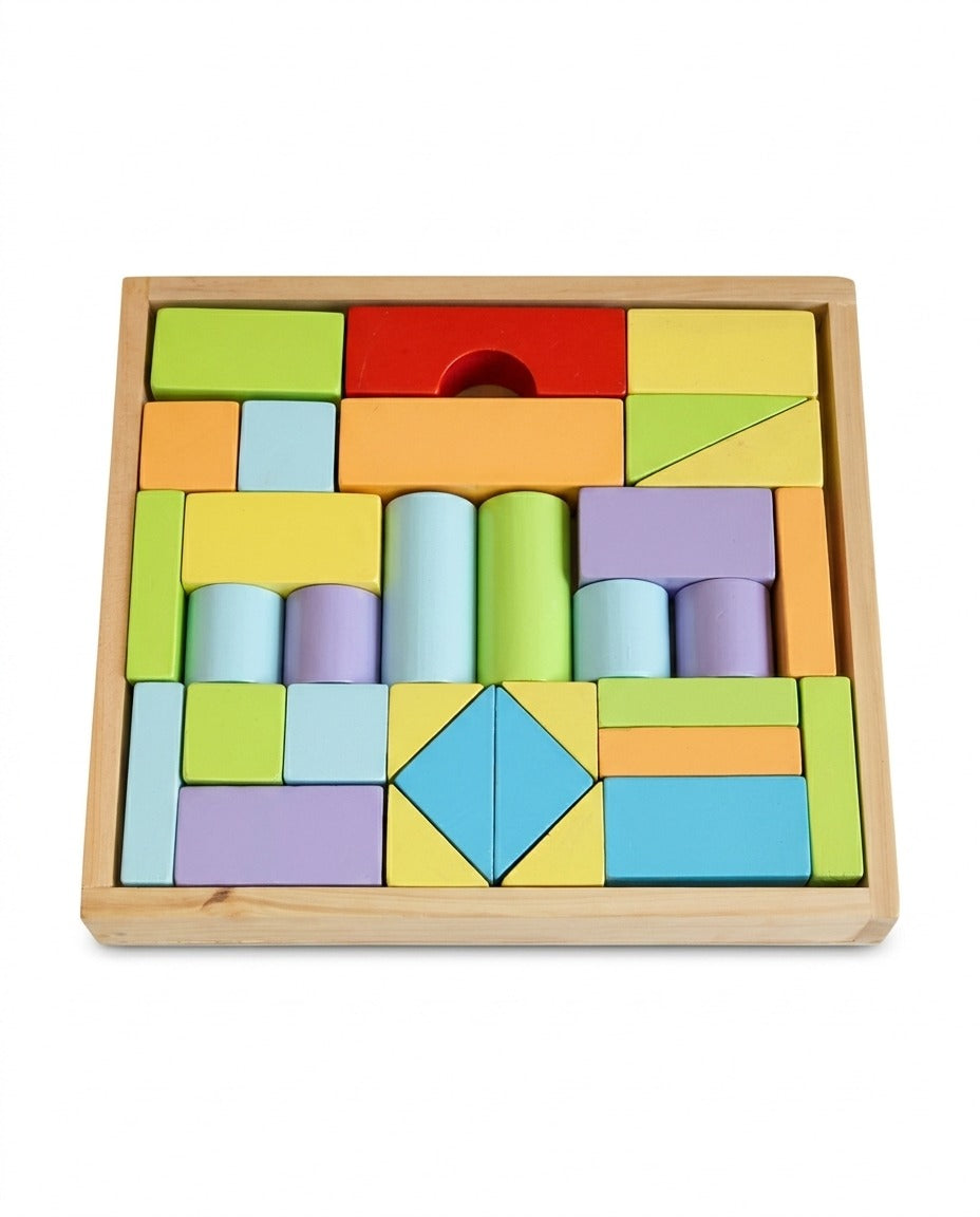 Buy 32 piece wooden building blocks set with storage box for kids