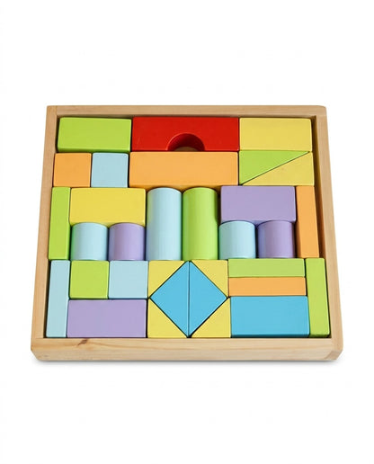 Buy 32 piece wooden building blocks set with storage box for kids