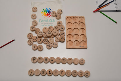 Children learning letters, forming words, and practicing spelling with wooden language set Wow Kids Toys Kenya