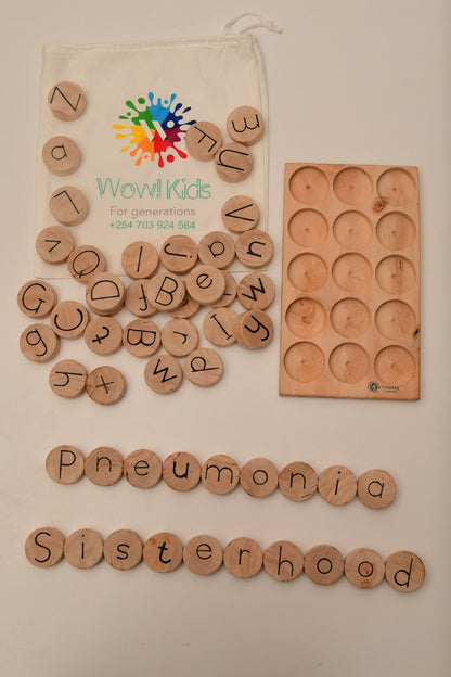 Children learning letters, forming words, and practicing spelling with wooden language set Wow Kids Toys Kenya