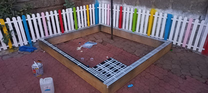 Customizable wooden sandbox for home, school, daycare, or balcony spaces