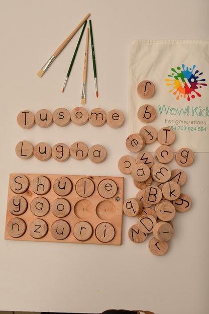 Early reading wooden toy for kids 3+ with letter coins and word formation board in English, Spanish, Swahili, and French