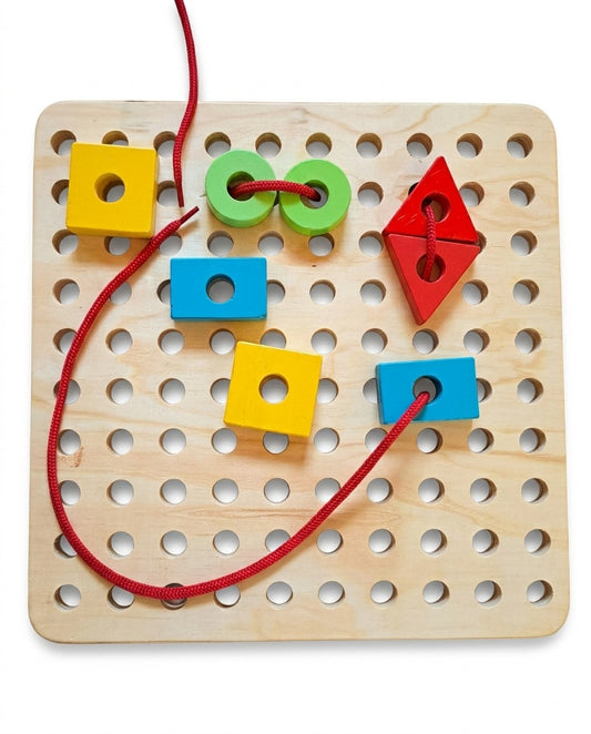 Wooden Lacing Board with Threading Shapes & Colorful Laces – Fine Motor Skills Toy