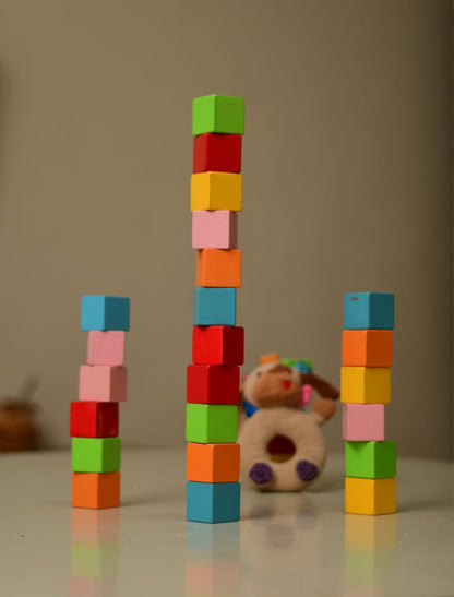Kids building towers with wooden blocks educational toy set