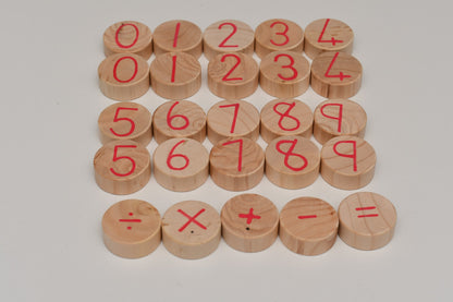 Montessori-inspired wooden math set, number coins, counting sticks, and math symbols for early numeracy