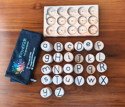 Multilingual wooden language set with 52 letter coins and spelling board for kids 3+ learning English, Spanish, Swahili, and French Kenya