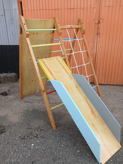 Foldable Wooden Jungle Gym for Kids – Indoor & Outdoor Climbing Playset with Slide and Rope - Wow! Kids