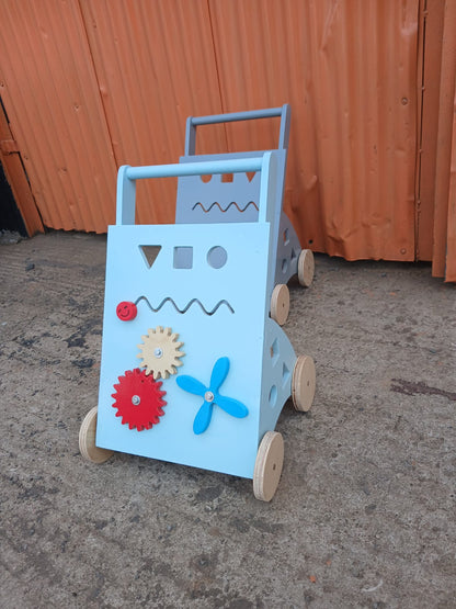 Wooden baby push walker with sensory activity board for toddlers 9–18 months learning to walk