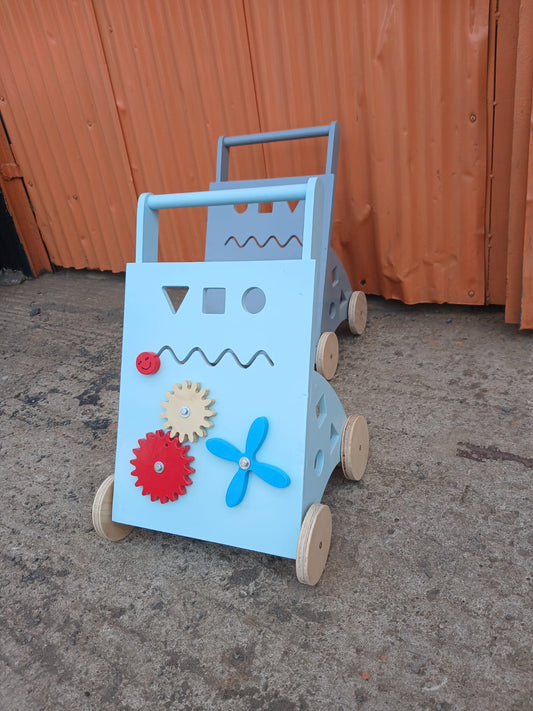 Wooden baby push walker with sensory activity board for toddlers 9–18 months learning to walk