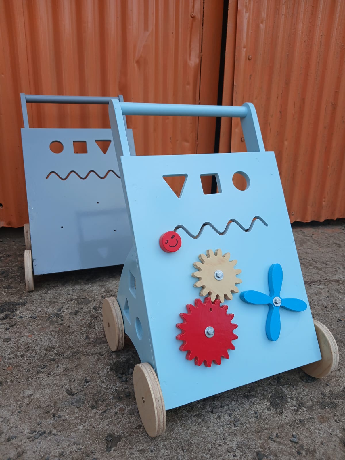Wooden baby push walker with sensory activity board for toddlers 9–18 months learning to walk