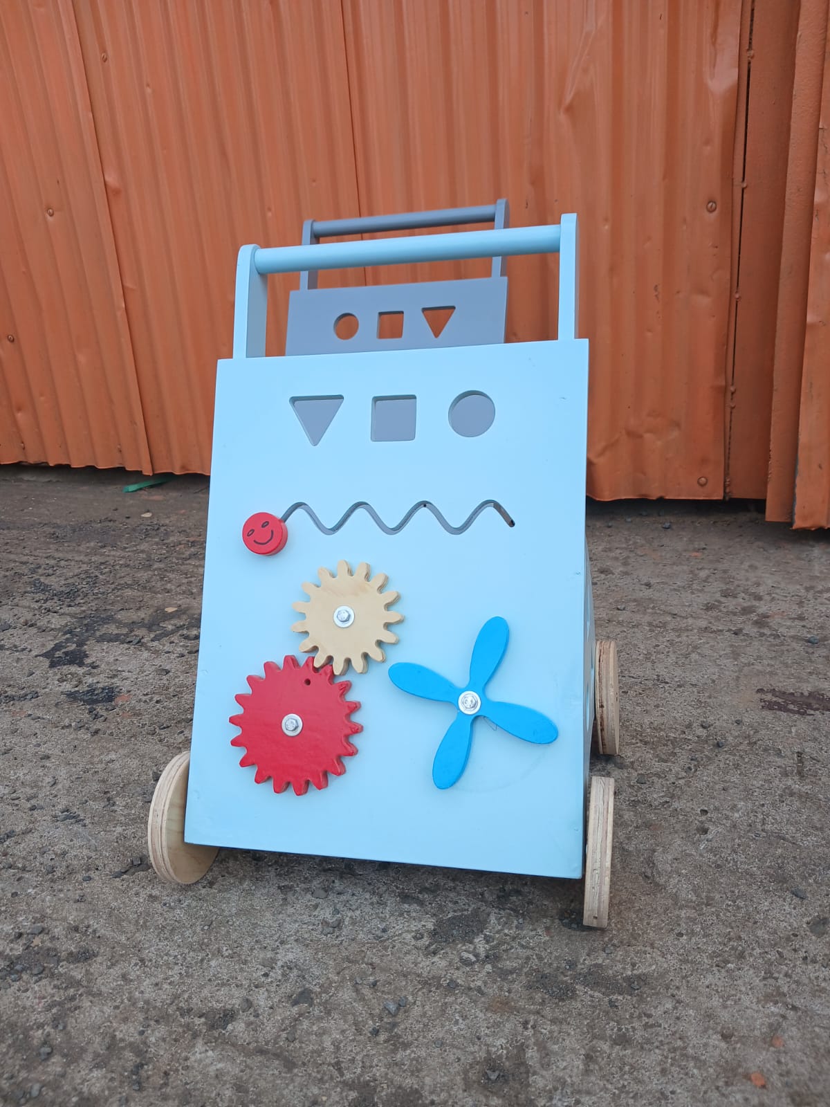 Wooden baby push walker with sensory activity board for toddlers 9–18 months learning to walk