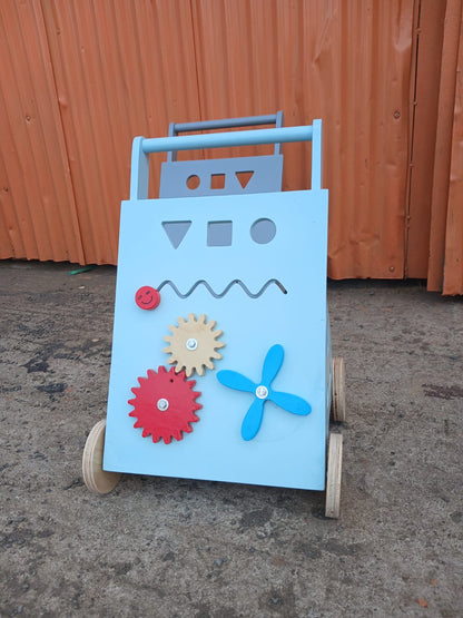 Wooden baby push walker with sensory activity board for toddlers 9–18 months learning to walk