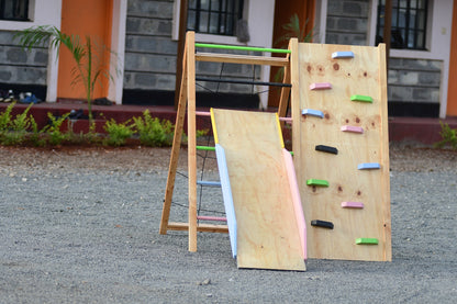 Kids wooden jungle gym with rope climbing feature for active play