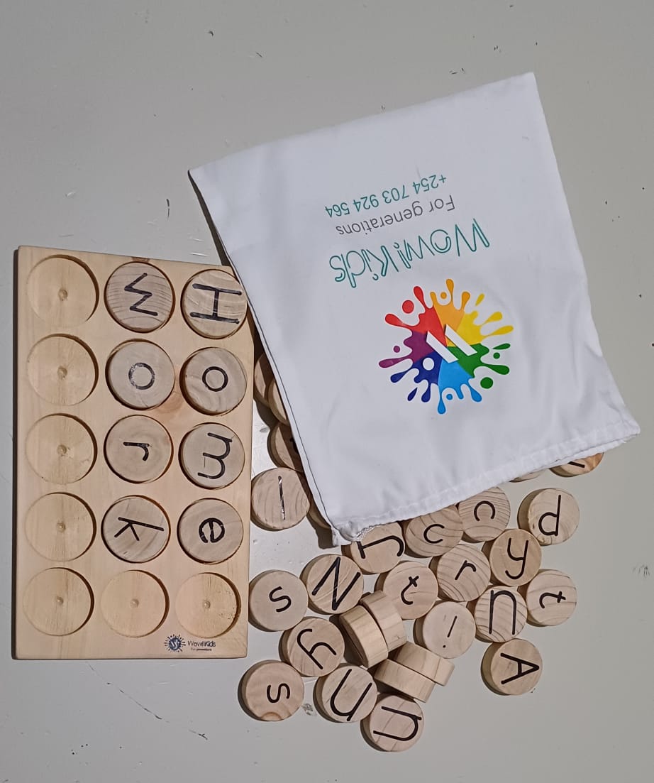 Wooden letter coins and word formation game for early literacy and multilingual learning Nairobi