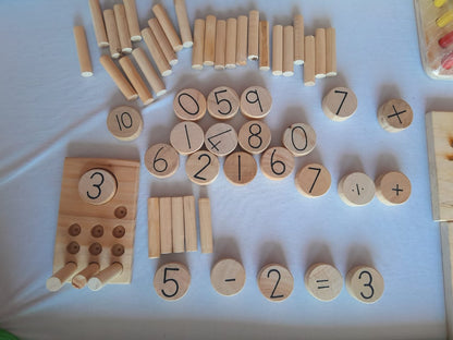 Wooden math manipulative set, supports Montessori and CBC curriculum learning objectives