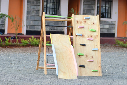 Foldable wooden jungle gym for kids with slide rope and climbing wall