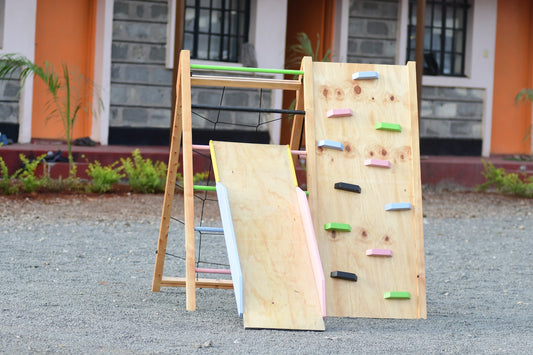 Foldable wooden jungle gym for kids with slide rope and climbing wall